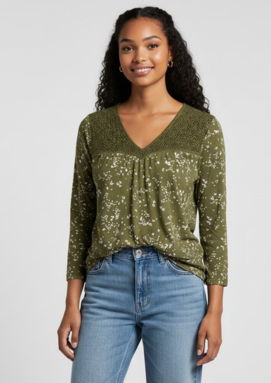 Daniel Rainn Nicole Knit Top With Lace Yoke Herb Green Womens Size Small
